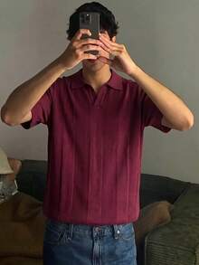 男士短袖羅紋針織 Polo 衫，簡約時尚，適合日常通勤，春秋穿著 - 酒紅色 - 查看 1