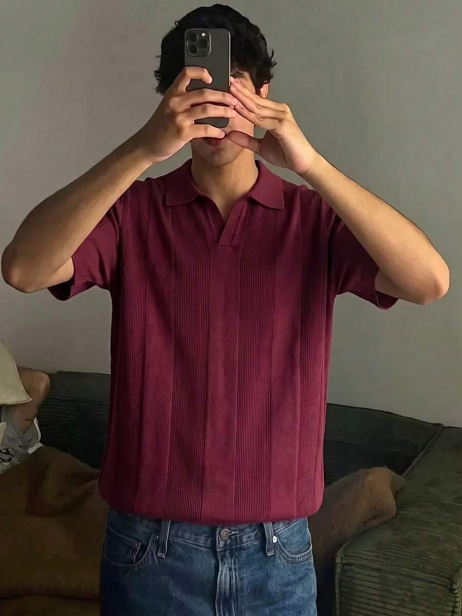 男士短袖羅紋針織 Polo 衫,簡約時尚,適合日常通勤,春秋穿著 - 酒紅色 - 查看 1