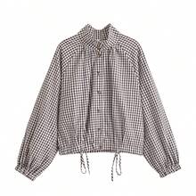 ZAHM Áo ngắn nữ kẻ caro nâu trắng, gấu rút dây, tay dài raglan, áo kiểu thường ngày - màu nâu - Xem 10
