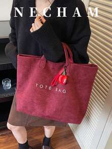 1pc Vintage Suede Solid Color Letter Print Tote Bag, Large Capacity Lightweight Daily Handbag - Burgundy - View 2