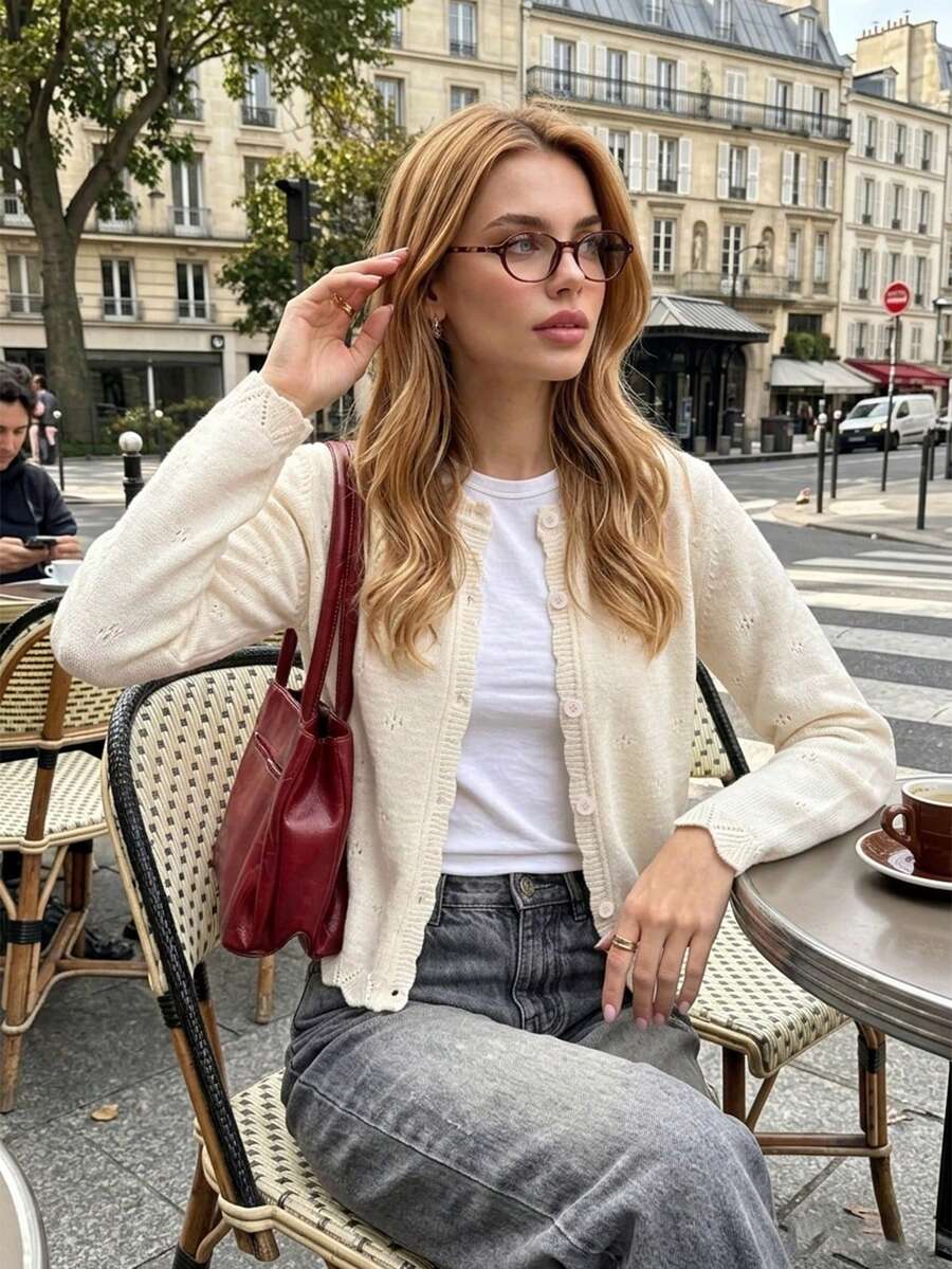 Women Hollow‑Out Cropped Knit Cardigan, Long‑Sleeve Warm Button Sweater, Casual Layering Outerwear For Autumn Winter Daily Commute Street Wear Fall - White Apricot - View 1