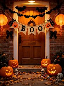 1set Of Halloween Linen Decorative Banners Featuring "BOO" And Pumpkin Designs-Perfect For Halloween Decor, Party Setups, Festive Displays, And Creating A Holiday Atmosphere. Ideal For Halloween Decorations, Home Styling, And Themed Parties. - Multicolor - View 5