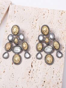 1 Pair Luxury Vintage Exaggerated Geometric Full Rhinestone Multi-Layer Patchwork Pendant Earrings, Fashionable Elegant Cool Elegant Versatile For Women - Fashion Patchwork Pendant Earrings - View 3