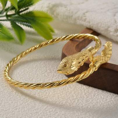 Pulseira de Cobra com Textura de Cobre Banhada a Ouro 14K, Design Espiral de Metal Trançado e Torcido, Joia Retrô para Uso Diário, Festa e Festival Feminino
