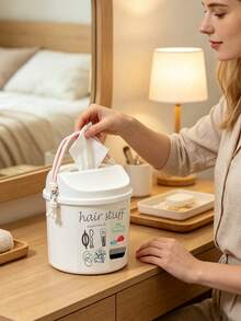 Stylish Cosmetics Print Swing Lid Car Trash Can, Detachable Hanging Rope,Multifunctional Desktop Sundry Storage Bucket, Makeup Brush Holder, Car Interior Decor, Back To School Holiday Gift,Household Essentials And Portable Travel Containers - Multicolor - View 6