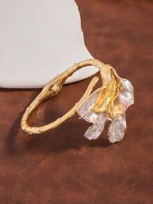 1件夸張金屬色塊花卉馬蹄形鈴蘭開口手鐲，奢華優雅手部飾品 - 彩色 - 查看 3