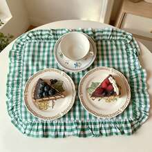 1pc/2pcs/6pcs French Pastoral Plaid Placemats, Princess Style Red & Green Checkered Reversible Dining Mats With Ruffle Edges, Cute Food Serving Plate Mats - Multicolor - View 10