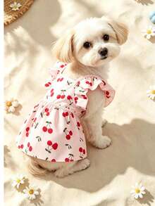 1 pieza Vestido para mascotas, Vestido de verano con estampado de cerezas - Rosa Pálido - Ver 3