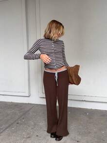 MORI Fall Winter Women Sweaters Casual Y2K Basic Brown Striped Cardigan Round Neck Cropped Button Up Knit Tops Daily Lounge Outfits - Brown and Grey - View 8