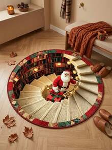 1pc 3D Optical Illusion Christmas Round Rug, Santa Claus Spiral Staircase Bookshelf Pattern Non-Slip Floor Carpet, Suitable For Living Room, Bedroom, Entryway Home Decor Holiday Christmas Decoration Rug, Bedroom Decor, Small Rug, Carpet, Home Decor, Living Room Rug, Living Room Small Rug, Bedroom Rug, Living Room Home Decor, Outdoor Rug, Washable Carpet - Multicolor - View 2