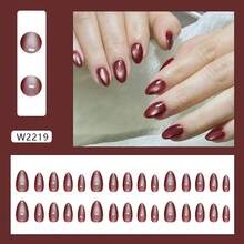 30pcs Short Cherry Red Cat Eye Simple Solid Color Elegant Almond Nails + 1pc Jelly Glue + 1pc Nail File - Multicolor - View 5