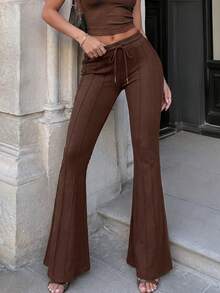 Women's Brown High Waisted Sweatpants Drawstring Flared Wide Leg Bootcut Casual Lounge Wear- - Brown - View 8