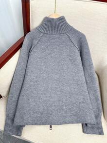 Wixra Korean Style Loose Knit Cardigan, Stand Collar Raglan Sleeve, Double Zipper Top, Solid Color Preppy Style, Autumn/Winter Layering Essential - Light Grey - View 6
