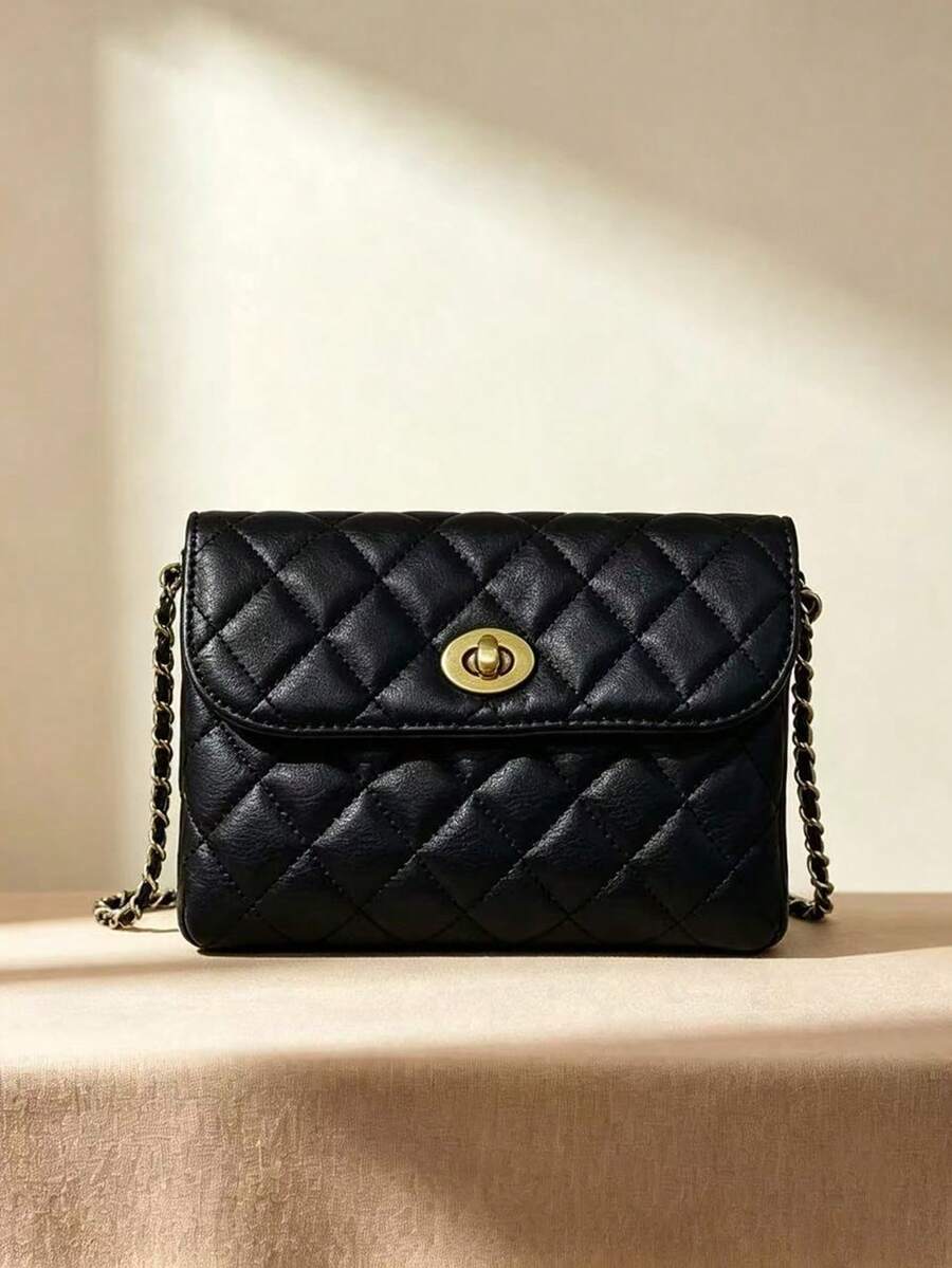 Tas Pinggang Mini Multifungsi Model Baru dari Kain PU Warna Polos, Modis, Serbaguna, Motif Berlian Berlapis, Bordir, Rantai yang Dapat Dilepas, Dapat Digunakan Sebagai Sabuk, Tas Selempang Satu Bahu - Hitam - View 1