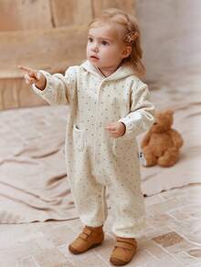 mini bala Baby Hooded Velvet Romper With Star Details Soft Stylish Going‑Out Jumpsuit For Autumn Winter - White Tone - View 2