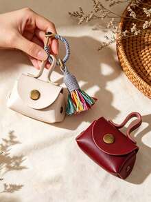 Tassel Decor Mini PU Coin Purse,Portable Keychain Pouch,Earphone Cable Storage Bag,Braided Lanyard Accessory,Boho Small Bag Charm For Handbag,Keys - Multicolor - View 1