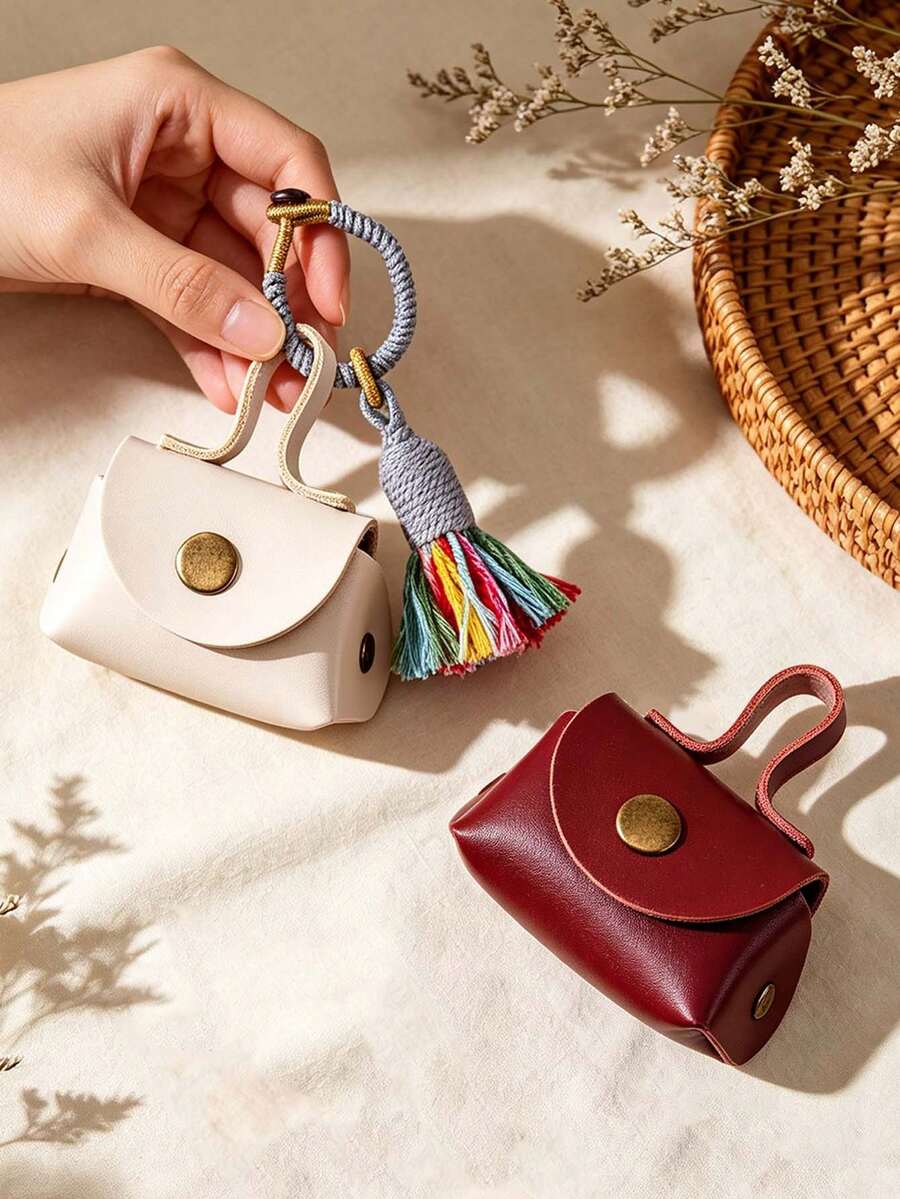 Tassel Decor Mini PU Coin Purse,Portable Keychain Pouch,Earphone Cable Storage Bag,Braided Lanyard Accessory,Boho Small Bag Charm For Handbag,Keys - Multicolor - View 1