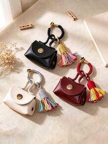Tassel Decor Keychain Pouch,Portable Mini PU Coin Purse,Earphone Cable Storage Bag,Braided Lanyard Accessory,Boho Small Bag Charm For Handbag,Keys - Multicolor - View 3