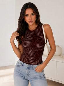 ChicMe Women Rhinestone Decor O Neck Sleeveless Tee Slim Fit Ribbed Tank Top Sparkly Date Party Night Streetwear - Coffee Brown - View 2