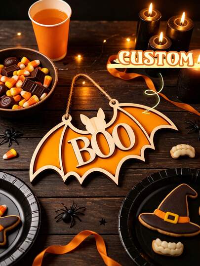 1pc Personalized Halloween Hanging Decor, Customized Name Wooden Bat Hanging Ornament, Halloween Door Sign, Bat Shaped Wall Hanging Decoration, Halloween Party Decor, Suitable For Front Door, Fireplace, Wall And Home Decoration, Halloween Party