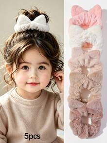 5pcs Set Baby Girl Children Autumn/Winter Cat Ear Plush Scrunchie Hair Ties, Simple Princess High Elasticity High Ponytail Hair Bands, Daily Use - Multicolor - View 8
