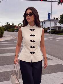 GMFP Women's New Chinese Style Frog Button Stand Collar Sleeveless Top Casual - Beige - View 5