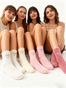 1/3/5 Pairs Per Pack, Thickened Warm, Cute Solid Color, Heart And Bow Patterns Available, Suitable For Spring, Autumn, Winter Wear. Simple Solid Color Mid-Calf Socks, Ideal Gift For Women On Christmas, Valentine's Day And Mother's Day. - Multicolor - View 5