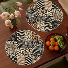 1/4/6pcs African Animal Patchwork Leopard & Zebra Hand-Painted Pattern Placemats, Suitable For Home Kitchen, Made Of Polyester Fiber, Kitchen Table Decoration And Party Scene Decoration - Multicolor - View 5