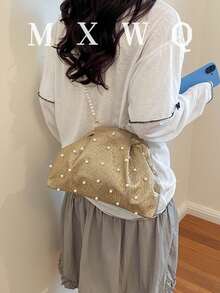 新款復古風布料珍珠鏈條扣女款手提包，優雅百搭斜挎包 - 金色 - 查看 2