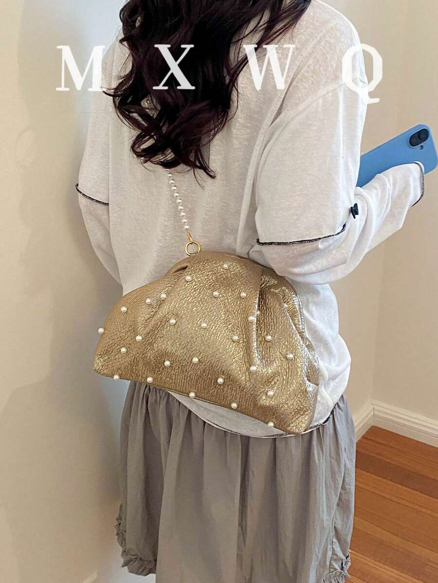 新款復古風布料珍珠鏈條扣女款手提包，優雅百搭斜挎包