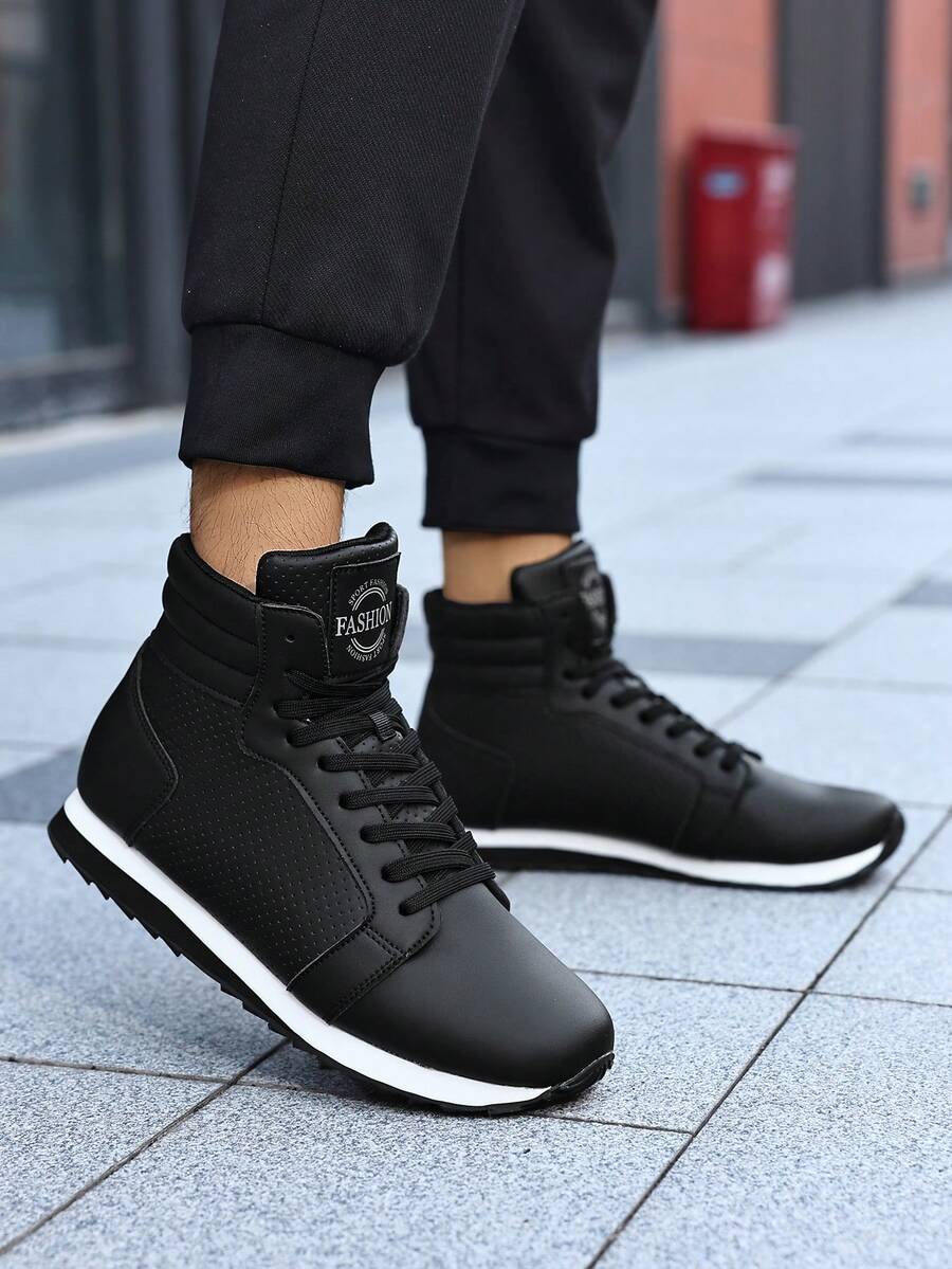 Men High‑Top Sneakers,Lace‑Up Closure,Contrast White Trim Sole,For Daily Wear, Jogging, Outdoor Commute - Black - View 1