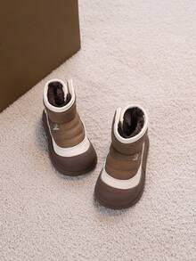 1 Pair Toddler Kids Winter Snow Boots, Thermal Lined Warm Ankle Boots With Hook And Loop Thick Sole, Outdoor Cold Weather Shoes For Boys And Girls - Khaki - View 1