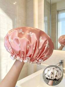 1pc Double Layer Satin Shower Cap With Cute Ribbon Pattern, Reusable Waterproof Bath Cap, Suitable For Women And Girls, Elastic Ruffle Design, Soft Silk Material Hair Cap, Perfect For Shower, Spa, Hair Salon, Hotel And Home Daily Use, Ideal Holiday Gift For Women - Multicolor - View 3