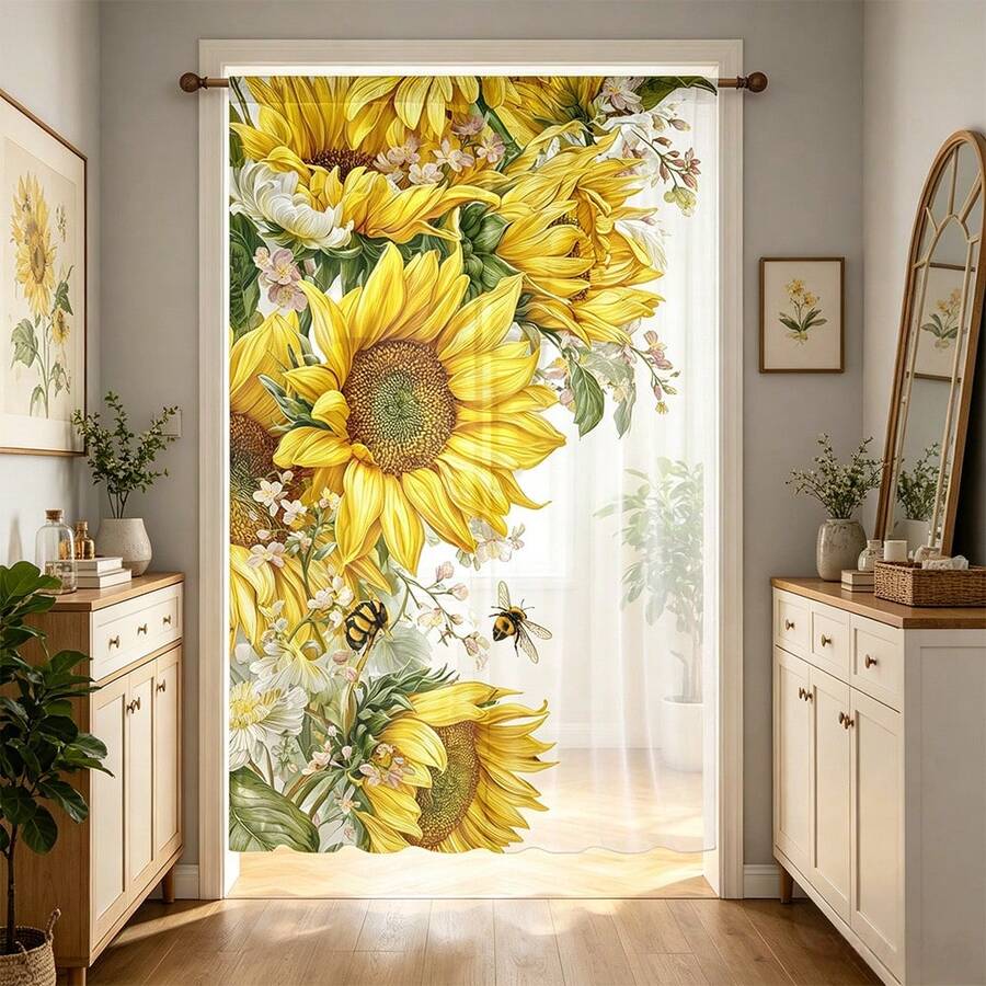 1pc Sunflower Pattern Transparent Sheer Curtain, With Rod Pocket Design, Provides Privacy Protection. Suitable For All Season Home Decor, Applicable To Bedroom, Living Room, Dining Room, Kitchen And Office. Suitable For All Seasons, Decorative Sheer Curtain - Multicolor - View 1