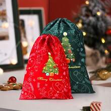 1pc Christmas Tree Non-Woven Fabric Drawstring Gift Bag, Red And Green Color, Tree Pattern, Suitable For Christmas, New Year, Birthday And Various Holiday Party Favors - Multicolor - View 7