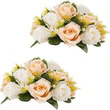 2Pcs Faux Rose Balls - Boho Table Centerpieces, Pink-White/White/Champagne Fake Flower Decor For Wedding/Birthday/ Dining Table,Home Decor & Party, Reusable Low-Maintenance Floral Balls - Multicolor - View 4