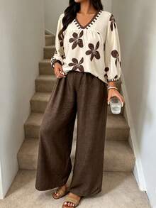 Plus Size 2-Piece Set, Floral Print V-Neck Button-Up Shirt With Bishop Sleeves And Wide Leg Pants - Multicolor - View 1