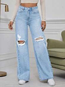 Teen Girls Wide Leg Washed Distressed Jeans, Fashion - Baby Blue - View 3