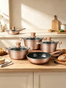 11 Pcs Champagne Aluminum Cookware Set, Glass Lids With Heat‑Resistant Handles, Comes With 2 Accessories, Compatible With Gas And Induction Cooker, Suitable For Making Soup, Stewing And Frying All Kinds Of Ingredients In Household Kitchen - View 6