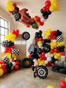 112pcs/Set Racing Theme Party Decoration Balloons, 32 Inch Black Number 0-9 Balloons, Racing/Tire/Black & White Checkered/Flag Balloons, Suitable For Birthday Party Decoration Props, Baby Shower - 彩色 - 查看 3
