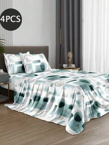 4-Piece White & Blue Geometric Pattern Bedding Set, Easy-Care Soft Bed Sheet Set (1 Flat Sheet + 1 Fitted Sheet + 2 Pillowcases), Fitted Sheet Set, Suitable For King, Queen, Full, Twin, Deep Pocket Design, Fits Up To 11.8 Inch Mattress, Soft & Breathable, Wrinkle-Resistant, Back To School Dorm Bedding - Multicolor - View 2