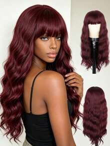 Black To Red Ombre Wig 28 Inch Long Wavy Wigs With Bangs Synthetic Heat Resistant Hair For Women Party Daily Use - Multicolor - View 11