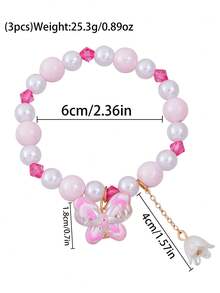 3Pcs Butterfly Charm Pearl Beaded Stretch Bracelets With Lily Of The Valley Flower For Sweet Princess Kids Girls Hand Jewelry Gift Daily Dress Up - Multicolor - View 4