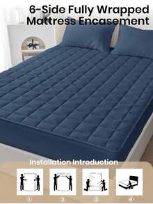 1pc Waterproof Fitted Sheet, Comfortable Mattress Protector, Navy Blue Mattress Pad, Room Decor, Skin-Friendly & Breathable, Suitable For Twin/Full/Queen/King Bed, All-Season Use, Machine Washable, Dorm Bedding, Back To School - Azure - View 6
