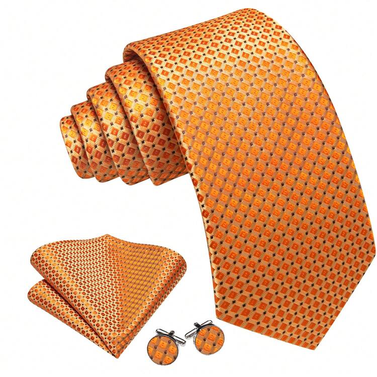 Orange Necktie Pocket Square Cufflinks 3pcs Set For Winery Tour Dinner & Vineyard Wedding Evening Reception - Orange - View 3
