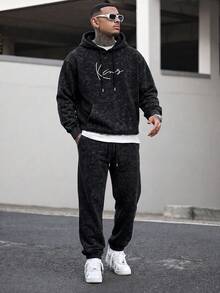 Black Washed Tie-Dye Hoodie Sweatshirt Set Men Handwritten Signature Print Hoodie & Sweatpants 2pcs Set - Black - View 1