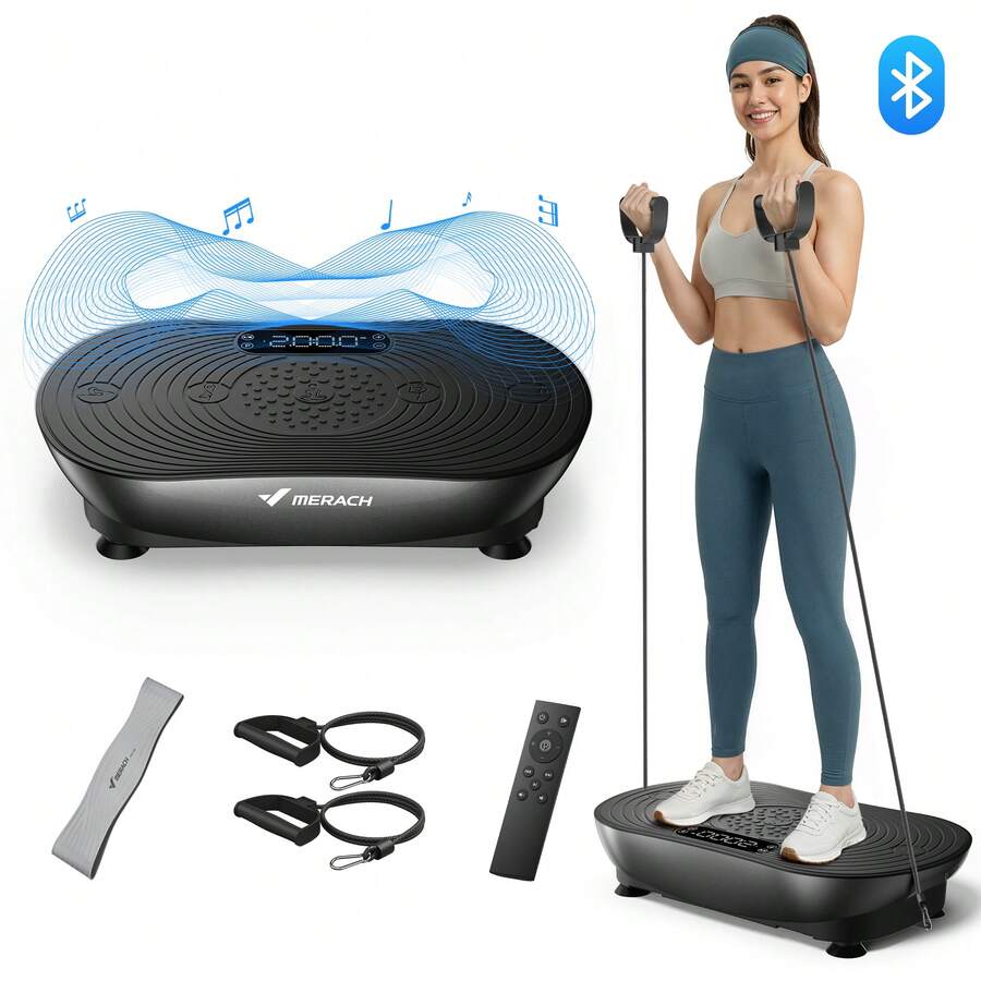 MERACH Vibration Plate Exercise Machine, Vibrating Platform For Lymphatic Drainage Weight Loss Muscle Activation, Full Body Home Exercise Equipment With LED Touch Screen Bluetooth Pull Cord