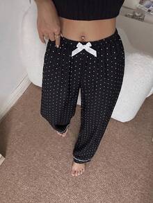 1pc Women's Comfortable Mini Polka Dot Bow Long Pajama Pants, Soft Polyester Opaque - Black - View 3