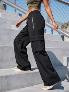 Women's Straight Drawstring Elastic Waist Zipper Pocket Sweatpants, Casual Outdoor Straight Cargo Pants, Neon Color Accents, Spring/Autumn Black - Black - View 7