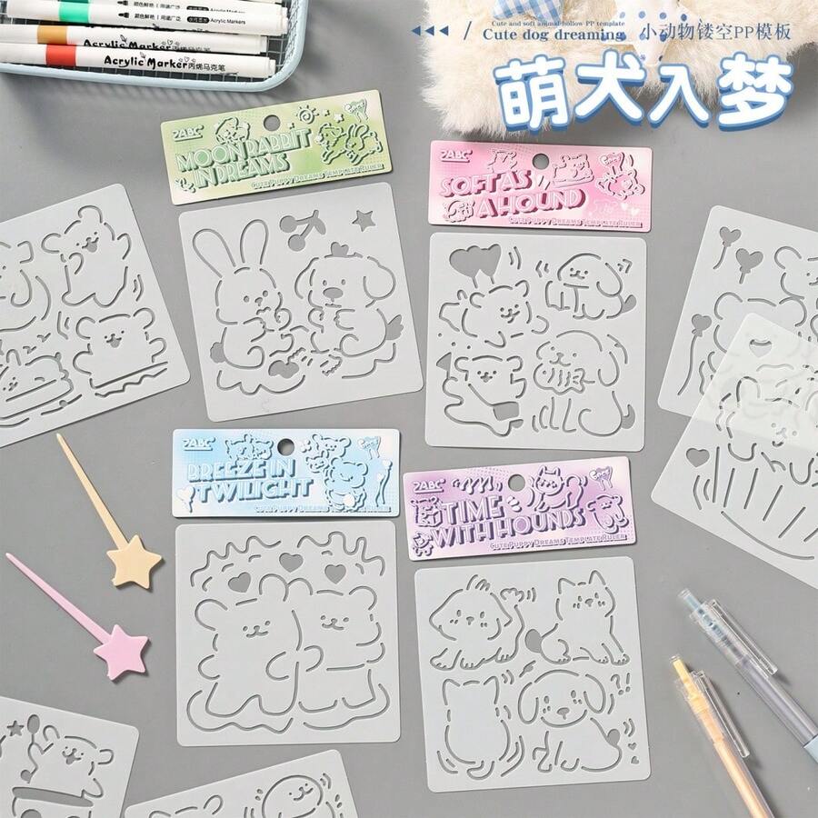 可愛動物鏤空繪圖模板,可重複使用 PET 鏤空繪圖模板,熊、狗、兔子 DIY 繪畫模板,剪貼簿裝飾,手工藝用品 - 彩色 - 查看 1